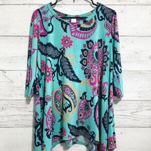 Pink Coconut Medium Vibrant Paisley Print Top 3/4 Sleeve Asymmetrical Hem